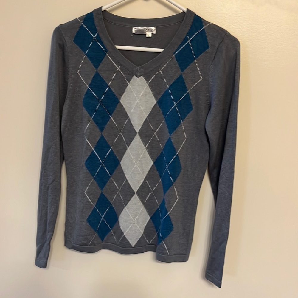 Silk/bamboo argyle sweater in gray and blues, size s